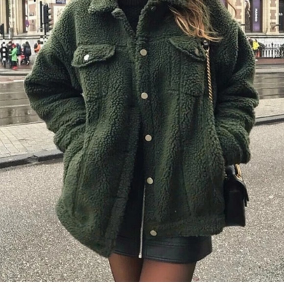 Jackets & Blazers - Teddy Bear Faux Shearling Trucker Jacket | Olive